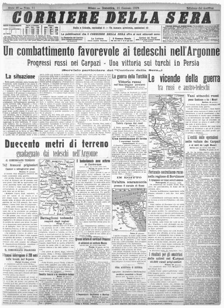 La prima pagina del Corriere della Sera del 31 gennaio 1915