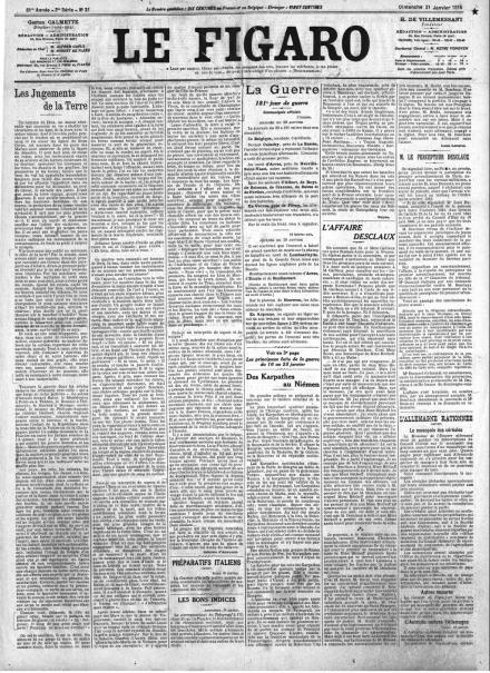 La prima pagina di Le Figaro del 31 gennaio 1915
