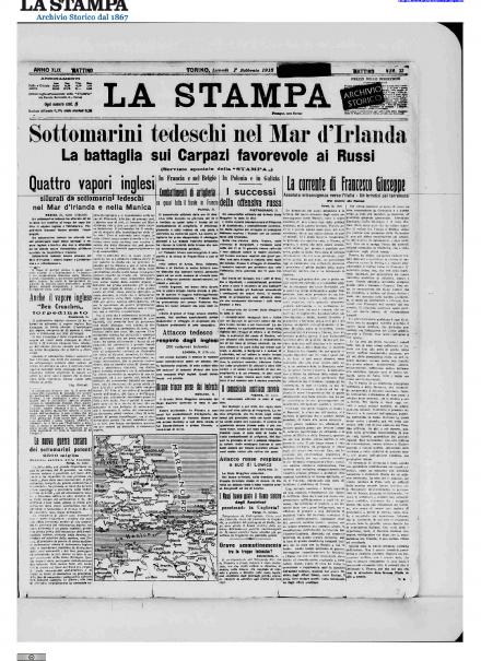 La prima pagina de La Stampa dell'1 febbraio 1915