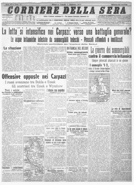 La prima pagina del Corriere della Sera dell'1 febbraio 1915