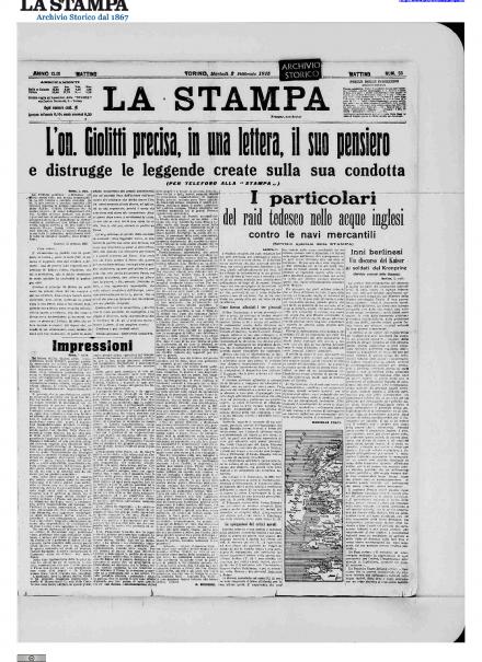 La prima pagina de La Stampa del 2 febbraio 1915