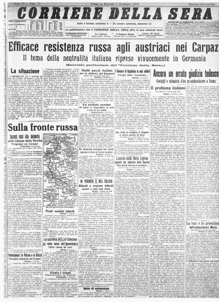 La prima pagina del Corriere della Sera del 2 febbraio 1915