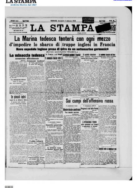 La prima pagina de La Stampa del 3 febbraio 1915