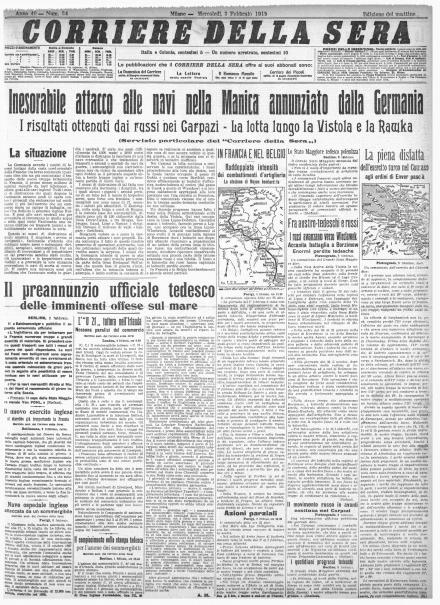 La prima pagina del Corriere della Sera del 3 febbraio 1915