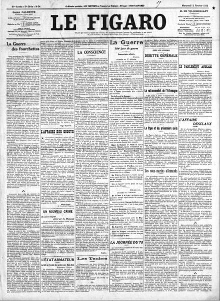 La prima pagina di Le Figaro del 3 febbraio 1915