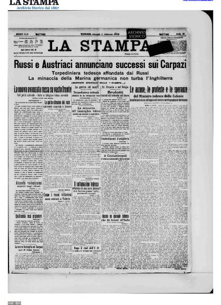 La prima pagina de La Stampa del 4 febbraio 1915