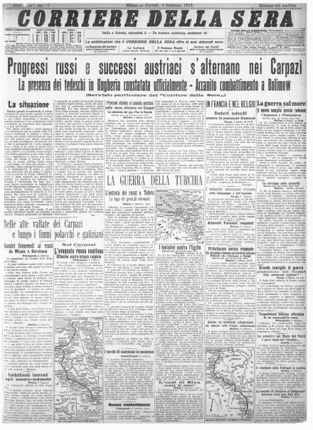 La prima pagina del Corriere della Sera del 4 febbraio 1915