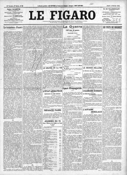 La prima pagina di Le Figaro del 4 febbraio 1915