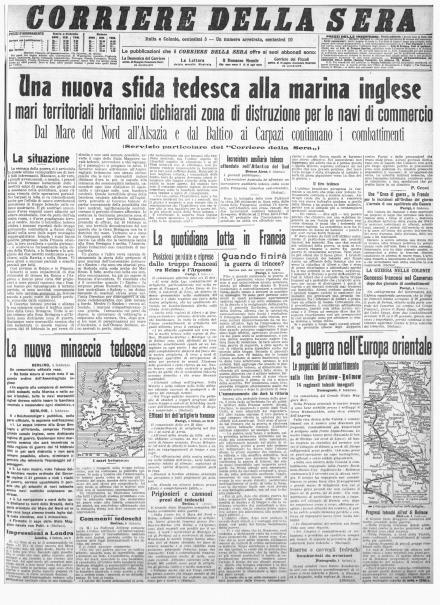 La prima pagina del Corriere della Sera del 5 febbraio 1915