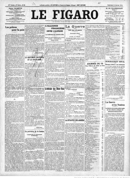 La prima pagina di Le Figaro del 5 febbraio 1915