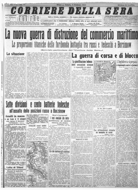 La prima pagina del Corriere della Sera del 6 febbraio 1915