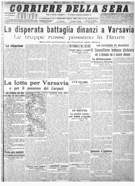 La prima pagina del Corriere della Sera del 7 febbraio 1915