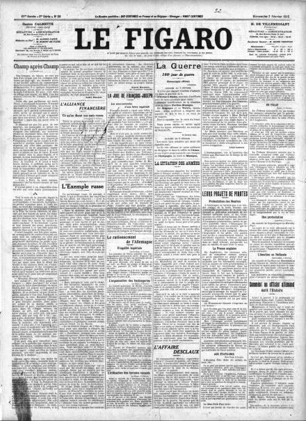 La prima pagina di Le Figaro del 7 febbraio 1915