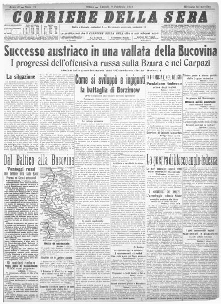 La prima pagina del Corriere della Sera dell'8 febbraio 1915