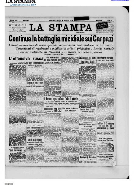 La prima pagina de La Stampa del 9 febbraio 1915