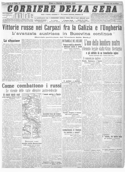 La prima pagina del Corriere della Sera del 9 febbraio 1915