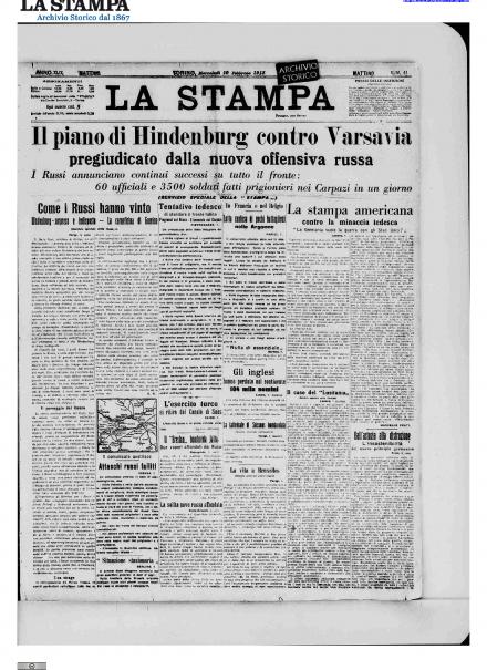La prima pagina de La Stampa del 10 febbraio 1915