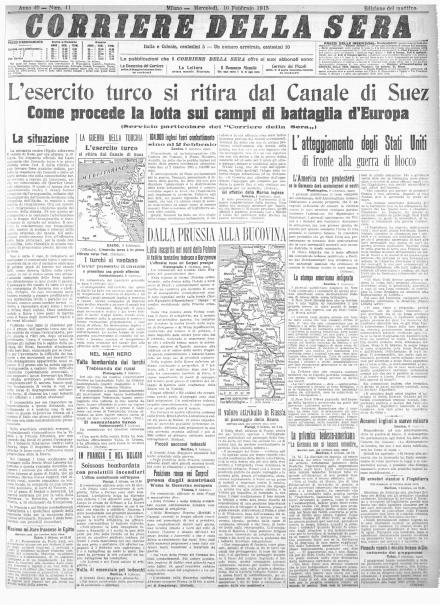 La prima pagina del Corriere della Sera del 10 febbraio 1915