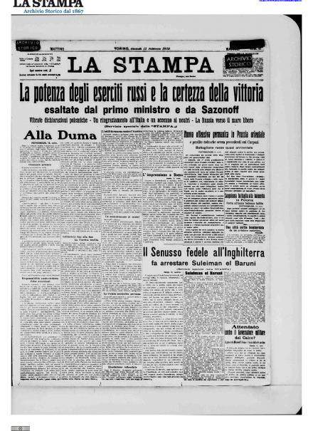 La prima pagina de La Stampa dell'11 febbraio 1915