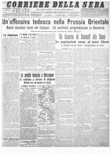 La prima pagina del Corriere della Sera dell'11 febbraio 1915