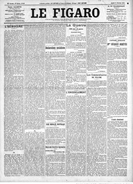 La prima pagina di Le Figaro dell'11 febbraio 1915