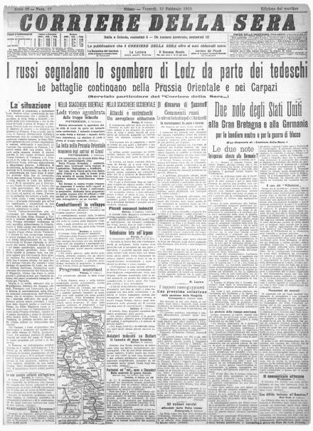 La prima pagina del Corriere della Sera del 12 febbraio 1915