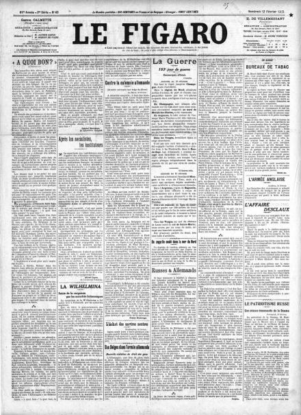La prima pagina di Le Figaro del 12 febbraio 1915