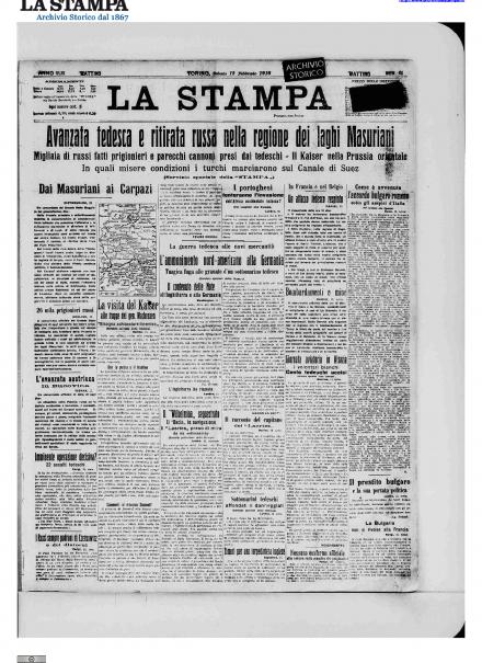 La prima pagina de La Stampa del 13 febbraio 1915