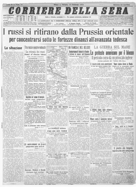 La prima pagina del Corriere della Sera del 13 febbraio 1915