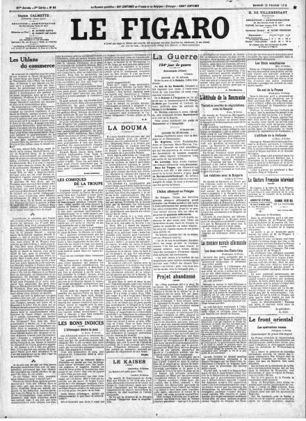La prima pagina di Le Figaro del 13 febbraio 1915