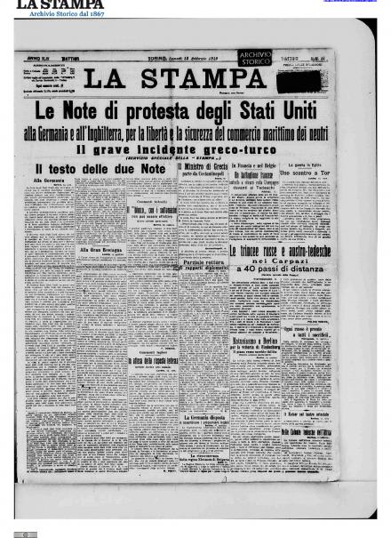 La prima pagina de La Stampa del 15 febbraio 1915
