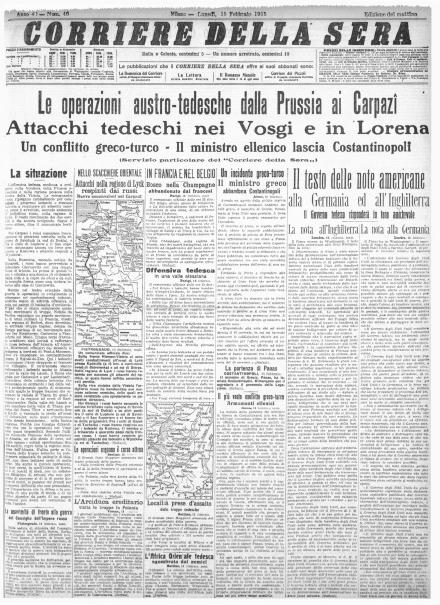 La prima pagina del Corriere della Sera del 15 febbraio 1915