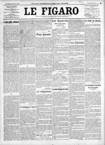 La prima pagina di Le Figaro del 15 febbraio 1915