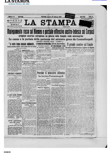 La prima pagina de La Stampa del 16 febbraio 1915