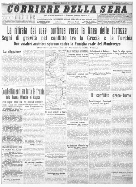 La prima pagina del Corriere della Sera del 16 febbraio 1915