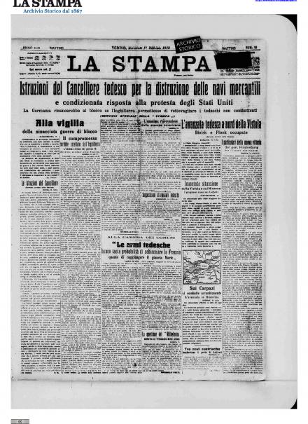 La prima pagina de La Stampa del 17 febbraio 1915