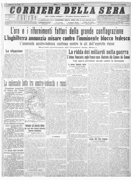 La prima pagina del Corriere della Sera del 17 febbraio 1915