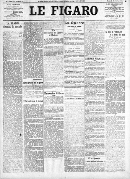 La prima pagina di Le Figaro del 17 febbraio 1915