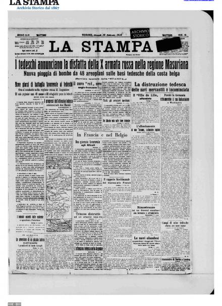 La prima pagina de La Stampa del 18 febbraio 1915
