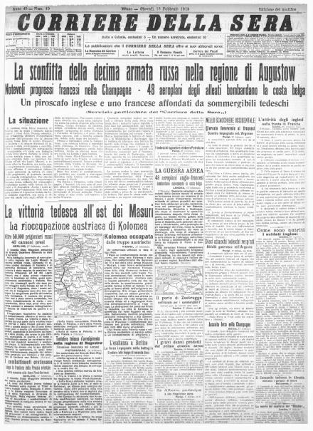 La prima pagina del Corriere della Sera del 18 febbraio 1915