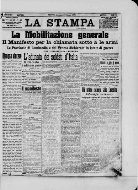 La prima pagina de La Stampa del 23 maggio 1915