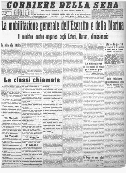La prima pagina del Corriere della Sera del 23 maggio 1915