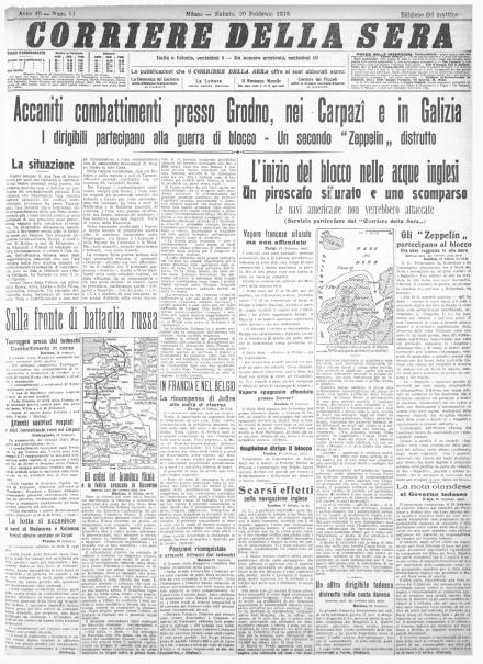 La prima pagina del Corriere della Sera del 20 febbraio 1915