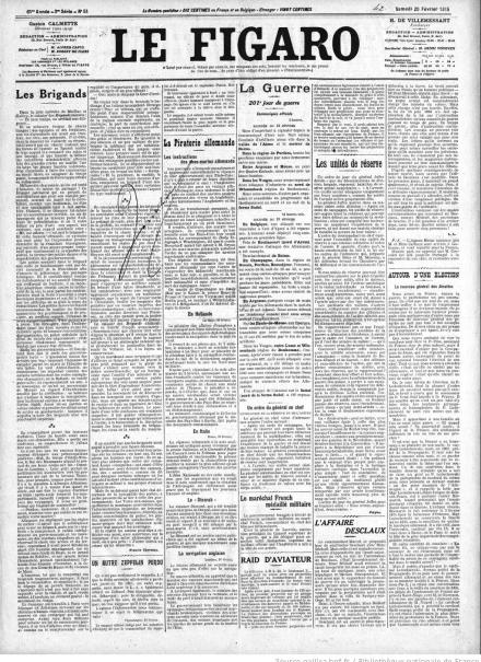 La prima pagina di Le Figaro del 20 febbraio 1915
