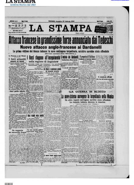 La prima pagina de La Stampa del 21 febbraio 1915