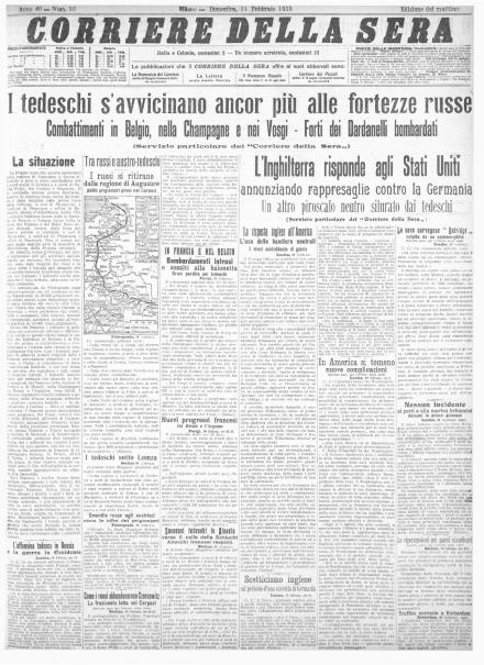 La prima pagina del Corriere della Sera del 21 febbraio 1915