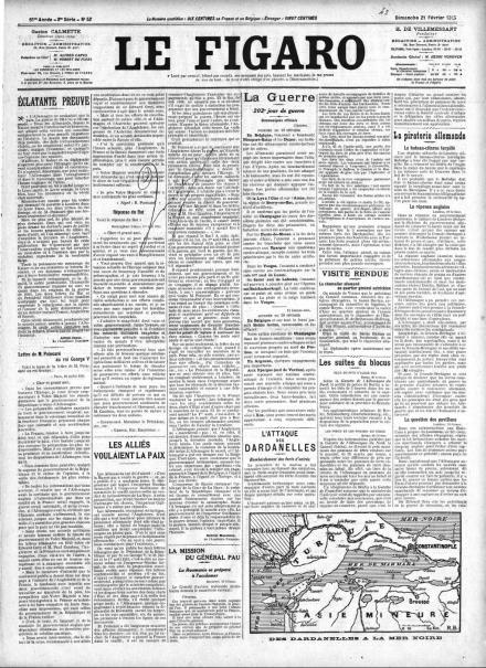 La prima pagina di Le Figaro del 21 febbraio 1915