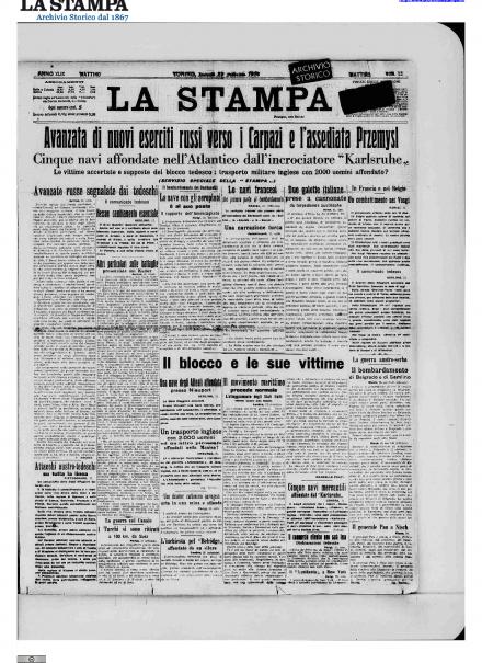 La prima pagina de La Stampa del 22 febbraio 1915