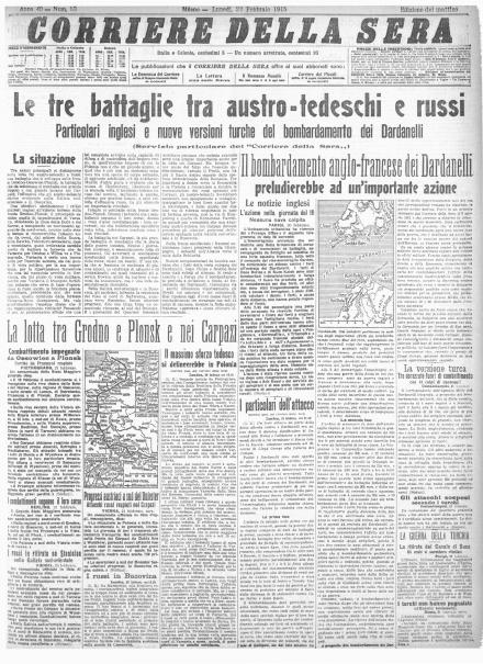 La prima pagina del Corriere della Sera del 22 febbraio 1915