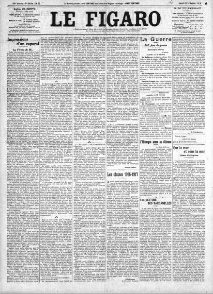 La prima pagina di Le Figaro del 22 febbraio 1915